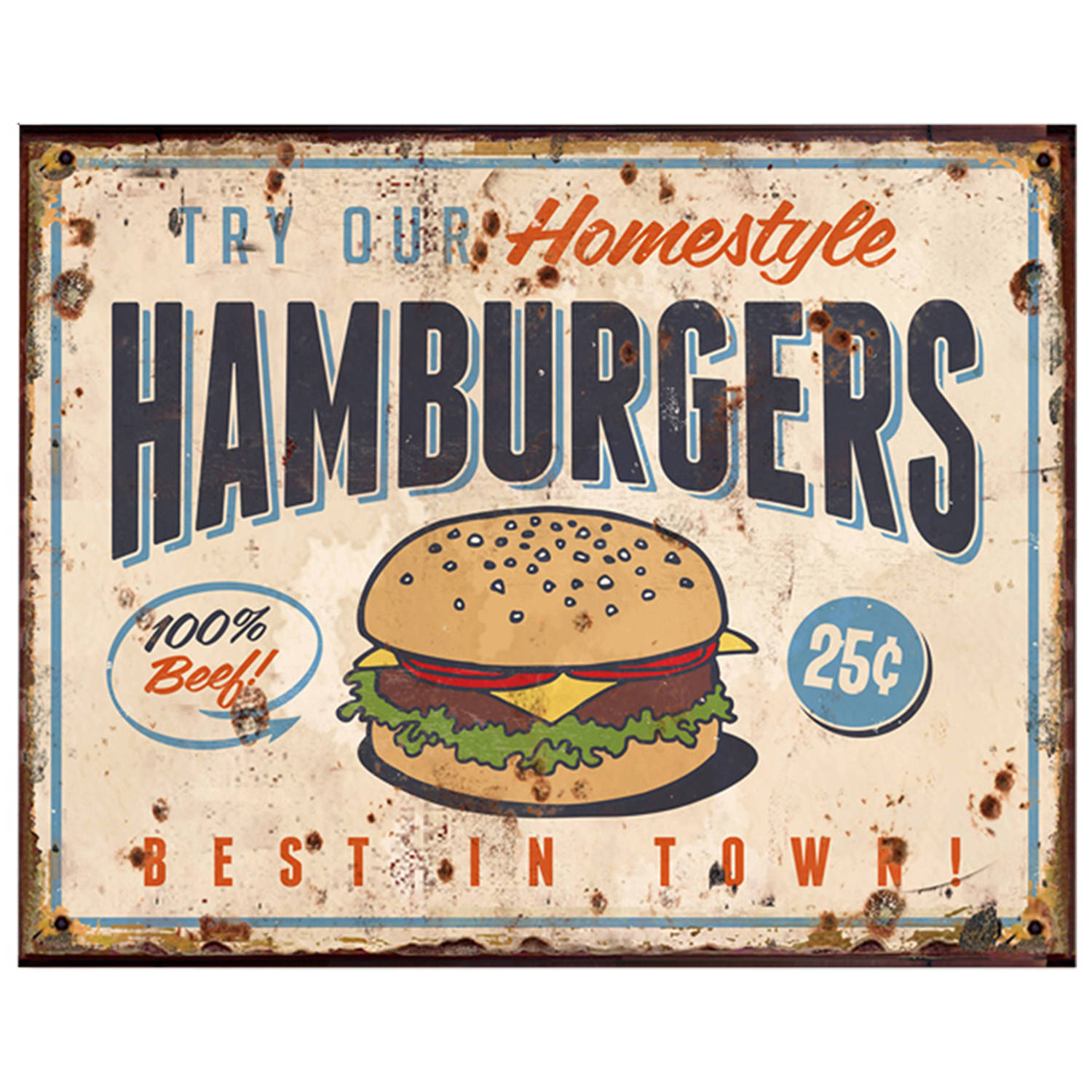 Clayre & Eef Tekstbord 25x20 Cm Beige Ijzer Hamburger Food Wandbord Spreuk Wandplaat Beige Wandbord 