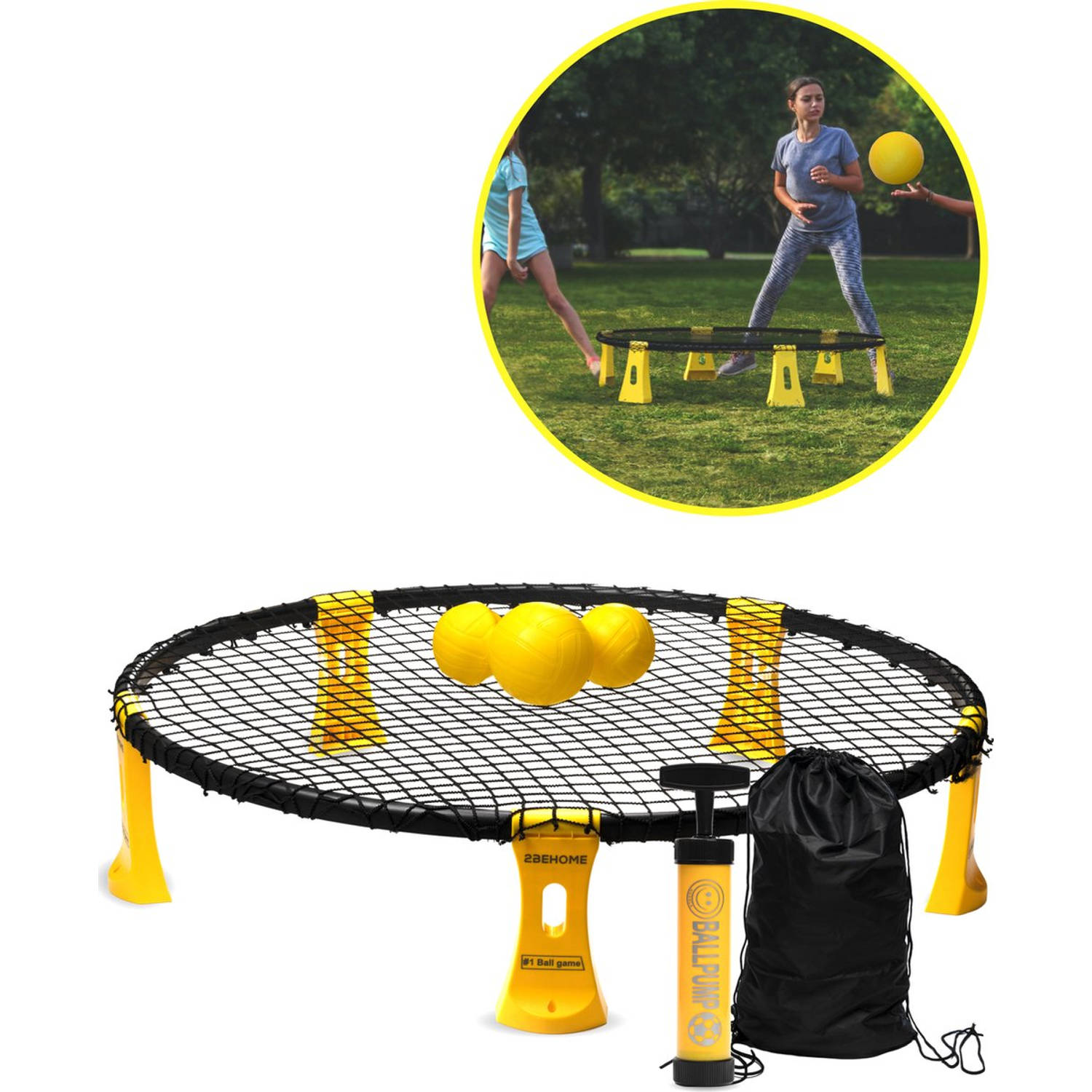 2BEHOME Roundnet set - Met LED-strip, 3 ballen, ballenpomp en meeneemtas - Geschikt voor spikeball / roundball - Geel