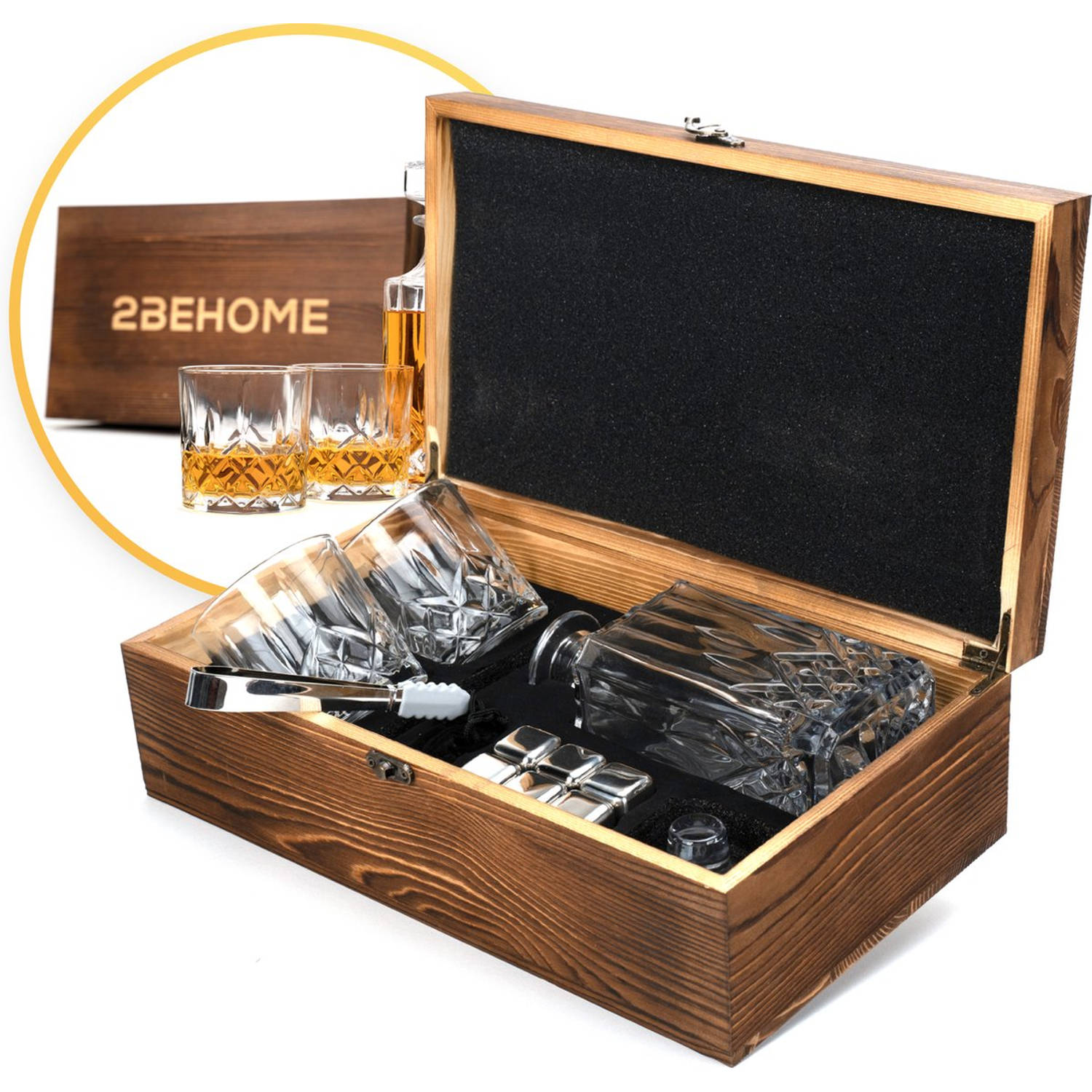 2behome Whiskey Set Met Decanteer Karaf Incl. 2 Whiskey Glazen En 6 Whiskey Stones En Luxe Geschenkd