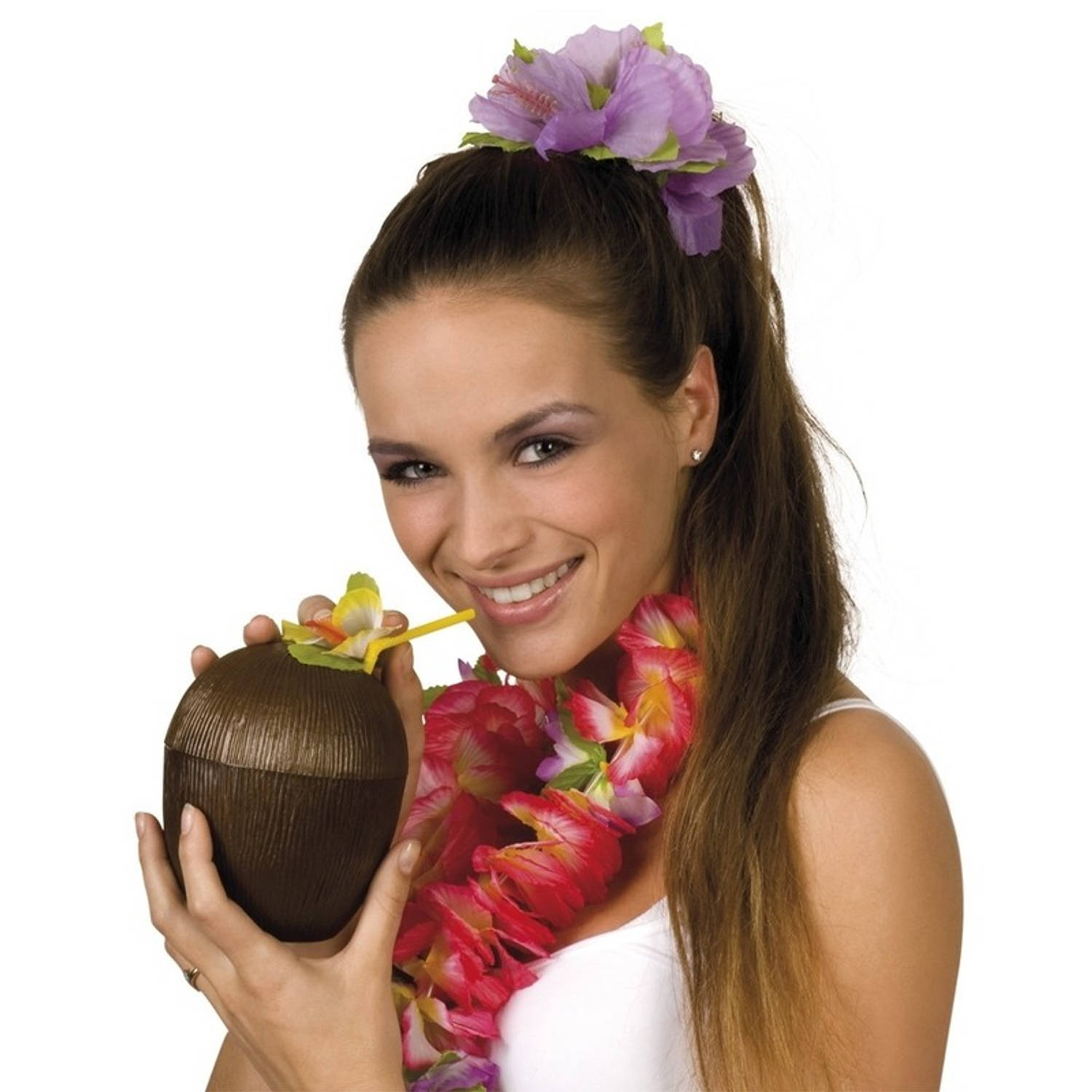 Set van 10x stuks hawaii beker kokosnoot met rietje 400 ml - Feestbekertjes