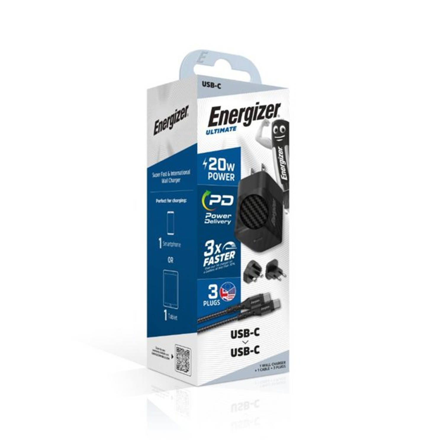 Energizer A20MUC Multi Plug Oplader (US, UK, EU) - Reisstekker Met USB-C Kabel (Zwart) | 20W - 4A