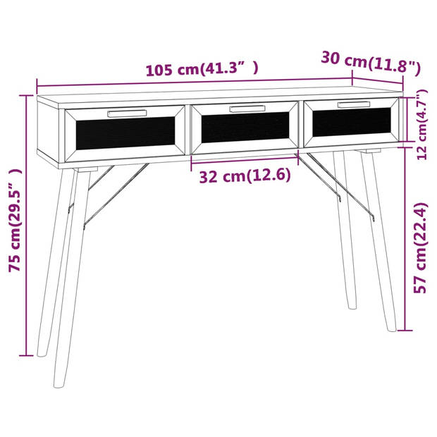 The Living Store Wandtafel - Scandinavische stijl - 105 x 30 x 75 cm - 3 lades - bewerkt hout - massief grenenhout -