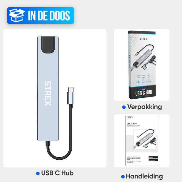 Strex 8 in 1 USB C Hub - Docking Station - USB Splitter - 4K HDMI - USB A - USB C - Ethernet - Micro SD - Geschikt voor