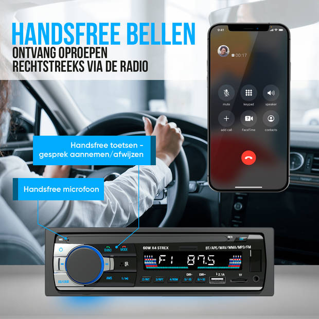 Strex Autoradio met Bluetooth voor alle auto's - USB, AUX en Handsfree - Afstandsbediening - Enkel DIN Auto Radio met