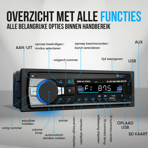 Strex Autoradio met Bluetooth voor alle auto's - USB, AUX en Handsfree - Afstandsbediening - Enkel DIN Auto Radio met