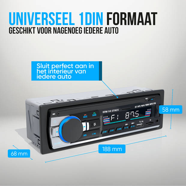 Strex Autoradio met Bluetooth voor alle auto's - USB, AUX en Handsfree - Afstandsbediening - Enkel DIN Auto Radio met