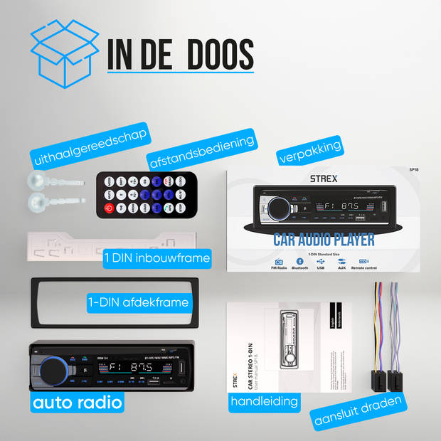 Strex Autoradio met Bluetooth voor alle auto's - USB, AUX en Handsfree - Afstandsbediening - Enkel DIN Auto Radio met