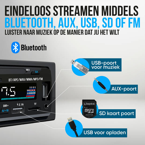 Strex Autoradio met Bluetooth voor alle auto's - USB, AUX en Handsfree - Afstandsbediening - Enkel DIN Auto Radio met