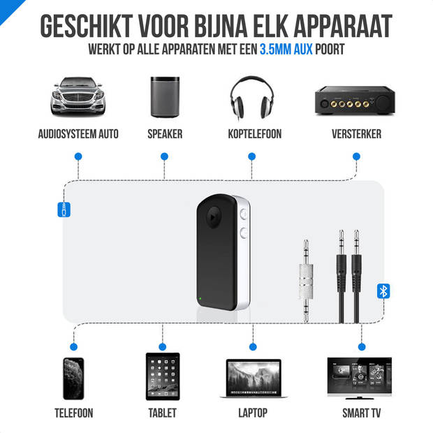 Strex Bluetooth Receiver - BT 5.0 - 3.5MM AUX - Bluetooth Ontvanger - Handsfree Bellen - Bluetooth Audio Receiver -