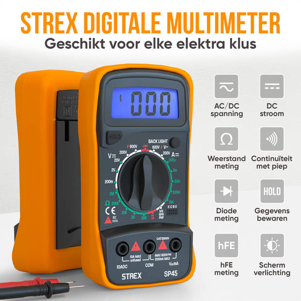 Strex Digitale Multimeter - AC / DC - Incl. 9V Duracell Batterij, Klemtangen & Opberghoes - Multi Meter