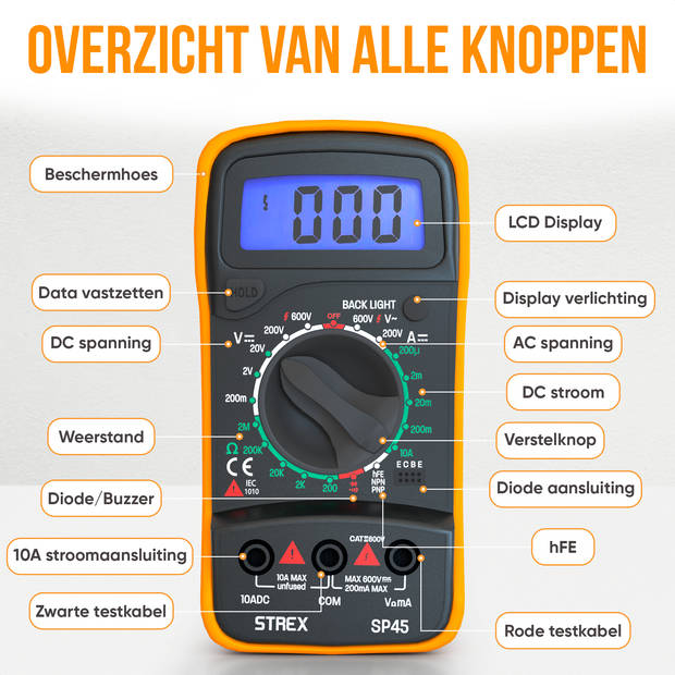 Strex Digitale Multimeter - AC / DC - Incl. 9V Duracell Batterij, Klemtangen & Opberghoes - Multi Meter