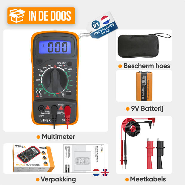 Strex Digitale Multimeter - AC / DC - Incl. 9V Duracell Batterij, Klemtangen & Opberghoes - Multi Meter