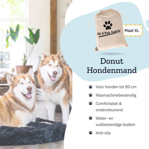 All 4 Pets Supply® Hondenmand donut - Maat XL - Geschikt voor honden tot 100 cm - Hondenkussen - Zwart