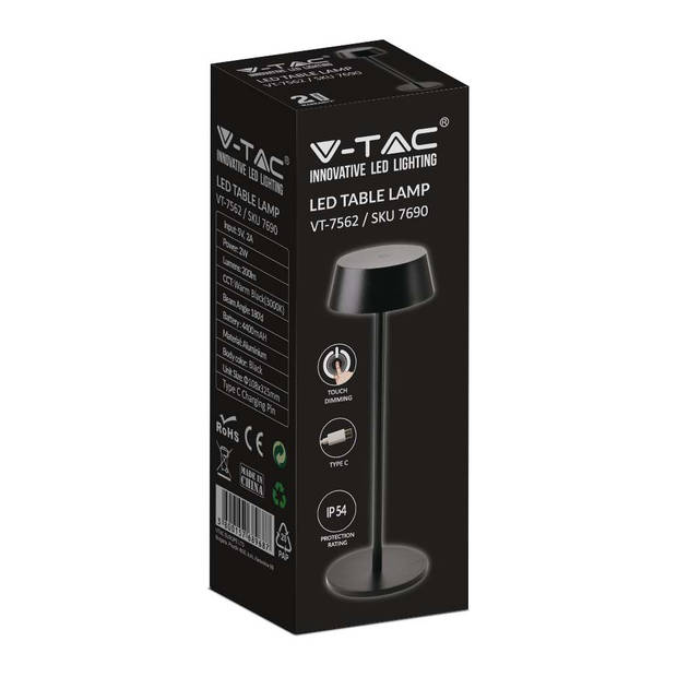 V-TAC VT-7562-B Oplaadbare tafellamp - Zwart - IP54 - 2W- 200 Lumen - 3000K
