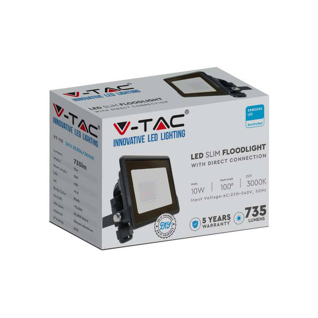 V-TAC VT-118 Zwarte LED Schijnwerpers - Samsung - IP65 - 10W - 735 Lumen - 6500K - 5 Jaar