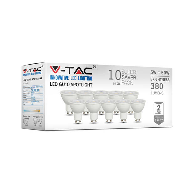 V-TAC VT-118 LED Spots - GU10 10PC Set - IP20 - Wit - 5 Watt - 380 Lumen - 4000K