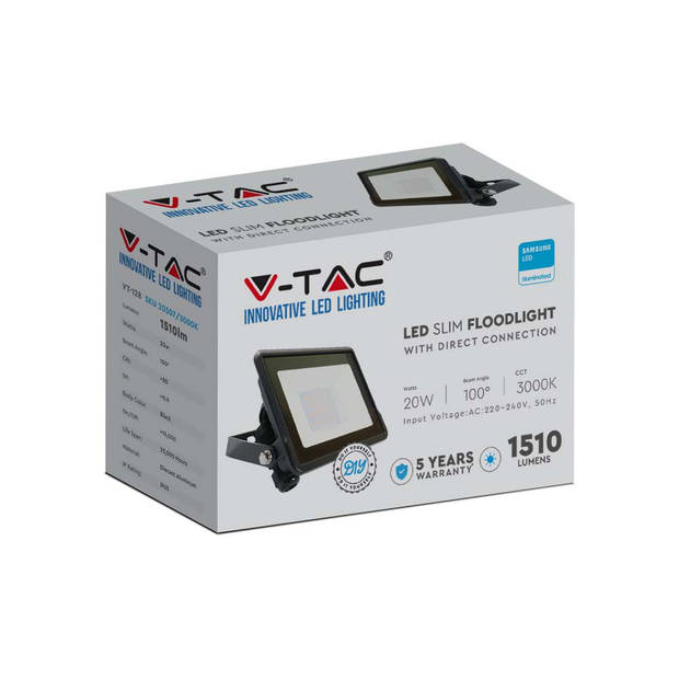V-TAC VT-128 Zwarte LED Schijnwerpers - Samsung - IP65 - 20W - 1510 Lumen - 6500K - 5 Jaar