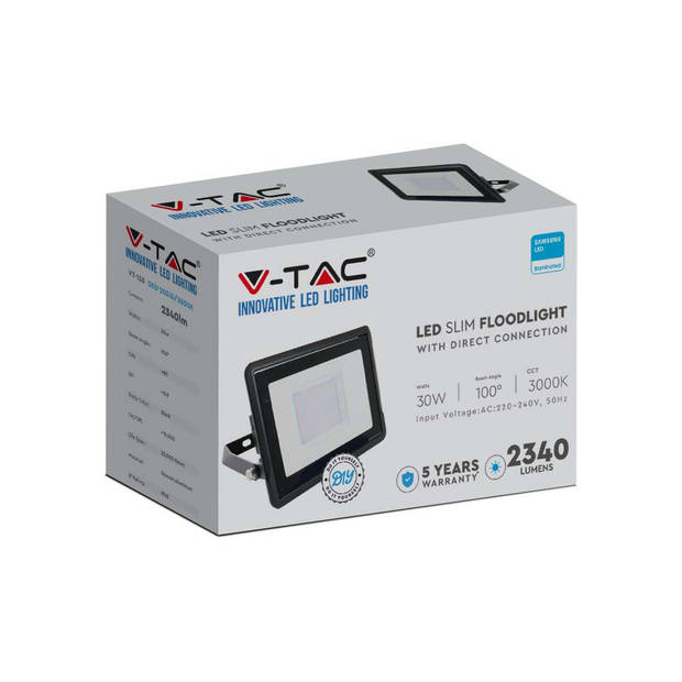 V-TAC VT-138 Zwarte LED Schijnwerpers - Samsung - IP65 - 30W - 2340 Lumen - 6500K - 5 Jaar