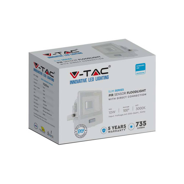 V-TAC VT-118S-W LED Schijnwerpers met PIR Sensor - Samsung - IP65 - Wit - 10W - 735 Lumen - 6500K - 5 Jaar