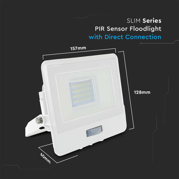 V-TAC VT-128S-W LED Schijnwerpers met PIR Sensor - Samsung - IP65 - Wit - 20W - 1510 Lumen - 4000K - 5 Jaar