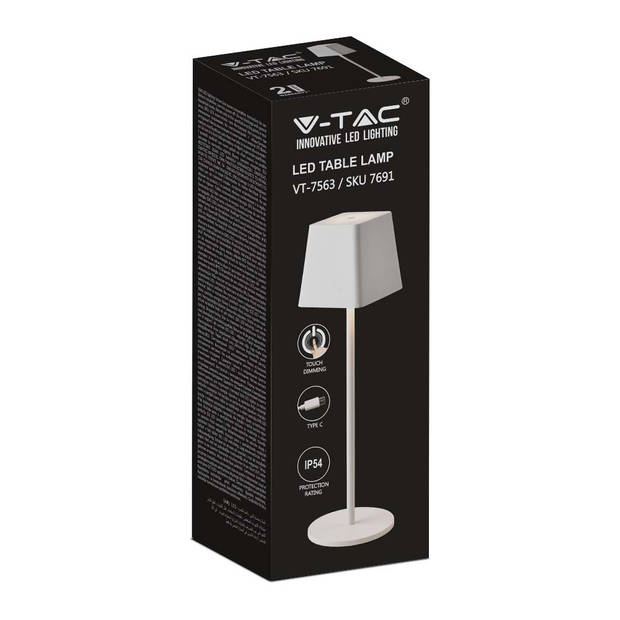 V-TAC VT-7563-W Oplaadbare tafellamp - IP54 - Wit - 2W- 200 Lumen - 3000K