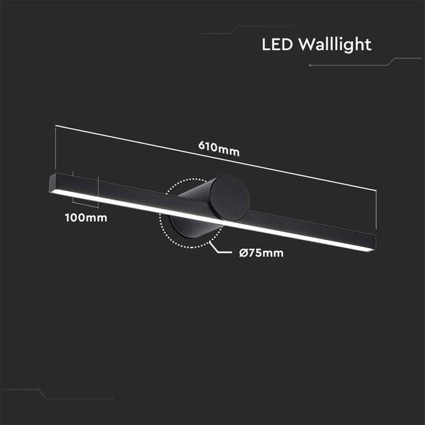 V-TAC VT-7022-B Spiegellampen voor wand - IP65 - Zwart - 10W - 1530 Lumen - 3000K