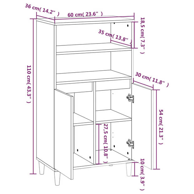 vidaXL Hoge kast 60x36x110 cm bewerkt hout wit