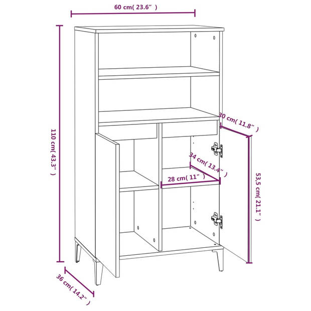 vidaXL Hoge kast 60x36x110 cm bewerkt hout wit