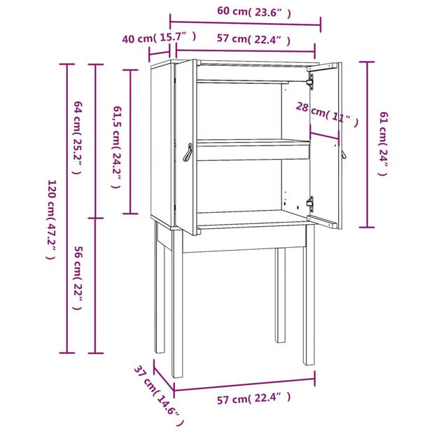 vidaXL Hoge kast 60x40x120 cm massief grenenhout zwart