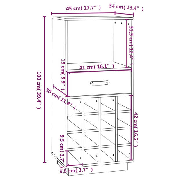 The Living Store Wijnkast Massief Grenenhout - 45x34x100 cm - Zwarte kleur