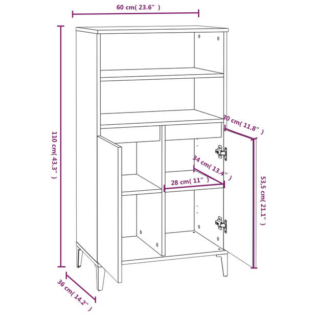 vidaXL Hoge kast 60x36x110 cm bewerkt hout hoogglans wit