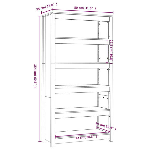 vidaXL Boekenkast 80x35x154 cm massief grenenhout honingbruin