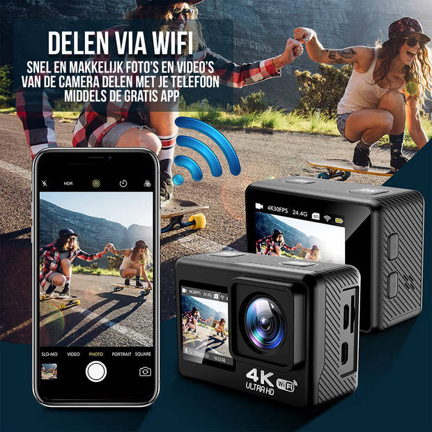 Strex Action Camera 4K 24MP - 60FPS / 30M Waterdicht / WiFi - Inclusief 20 accessoires - Actiecamera - Onderwatercamera