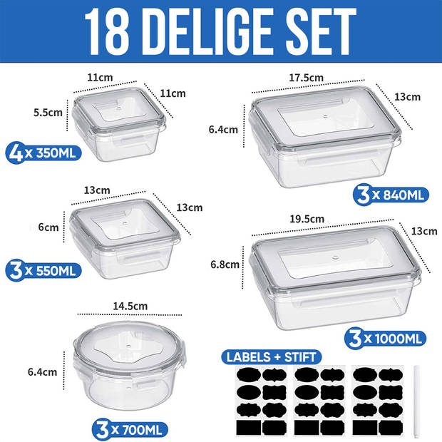 Strex Vershoudbakjes - Meal Prep Bakjes - Plastic Diepvries Bakjes - Met Deksel - 18 Delige set - BPA Vrije