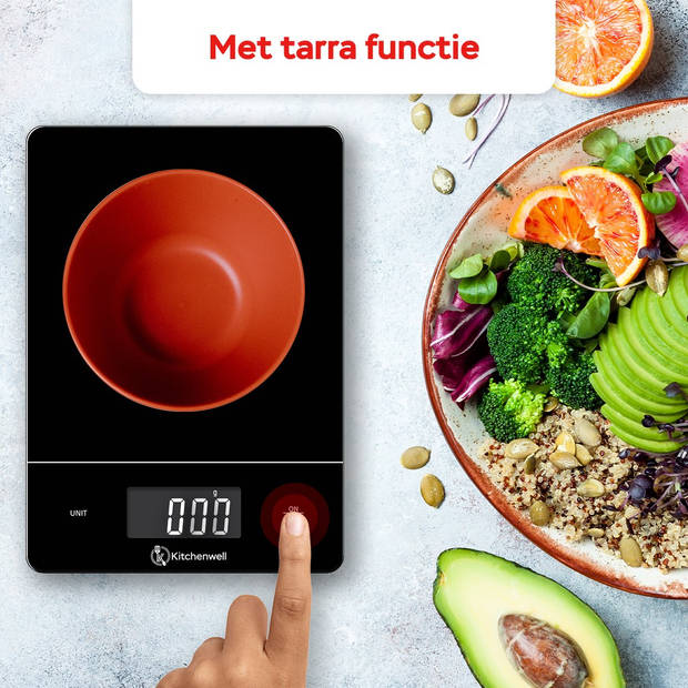 Kitchenwell Digitale Precisie Keukenweegschaal – Weegschaal Keuken - 1gr-15kg – Tarra Functie - Zwart