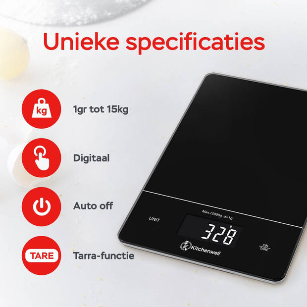 Kitchenwell Digitale Precisie Keukenweegschaal – 1gr - 15kg – Tarra Functie - USB Oplaadbaar