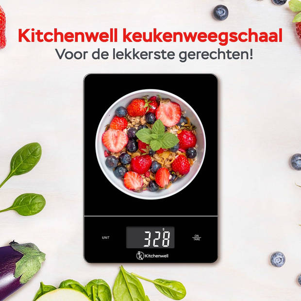 Kitchenwell Digitale Precisie Keukenweegschaal – Weegschaal Keuken - 1gr-15kg – Tarra Functie - Zwart