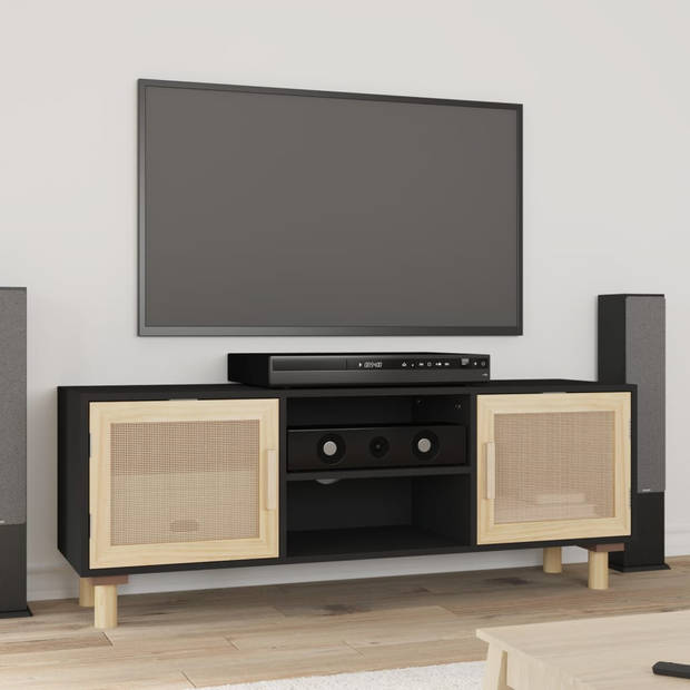 vidaXL Tv-meubel 105x30x40 cm massief grenenhout en rattan zwart