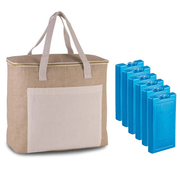 Grote koeltas jute/canvas 20 liter en 38 x 32 x 16 cm met 6x stuks koelelementen blauw - Koeltas