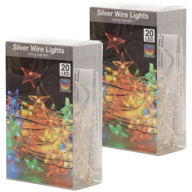 Set van 2x stuks draadverlichting sterren lampjes aan zilverdraad op batterij gekleurd 20 lampjes 10 - Lichtsnoeren