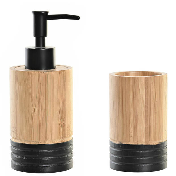 Badkamer accessoires setje drinkbeker en zeeppompje 17 cm bamboe/zwart - Zeeppompjes