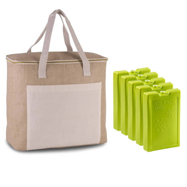 Grote koeltas jute/canvas 20 liter en 38 x 32 x 16 cm met 5x stuks koelelementen groen - Koeltas