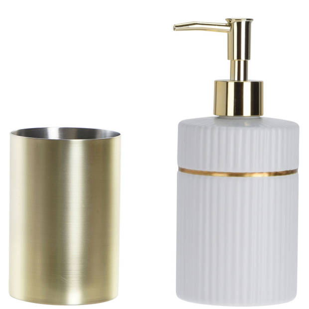 Badkamer accessoires setje drinkbeker en zeeppompje 19 cm wit/goud - Zeeppompjes