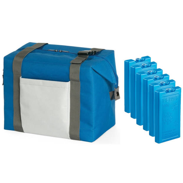 Strand/picknick isolatie koeltas blauw 15 liter/38 x 33 x 18 cm met 6x stuks koelelementen - Koeltas