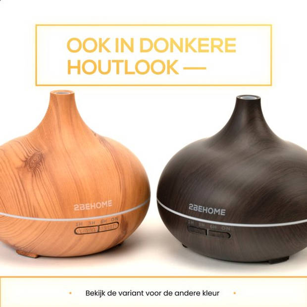 2BEHOME Aroma Diffuser 550ML met Afstandsbediening - Incl. 2 Etherische Oliën - Lichte Houtlook - 7 LED Kleuren