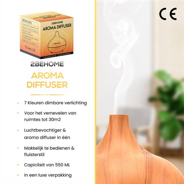 2BEHOME Aroma Diffuser 550ML met Afstandsbediening - Incl. 2 Etherische Oliën - Lichte Houtlook - 7 LED Kleuren