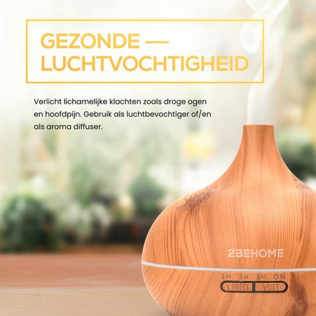 2BEHOME Aroma Diffuser 550ML met Afstandsbediening - Incl. 2 Etherische Oliën - Lichte Houtlook - 7 LED Kleuren