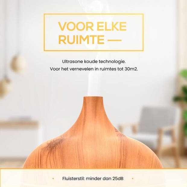 2BEHOME Aroma Diffuser 550ML met Afstandsbediening -Incl. 16 Etherische Oliën Cadeauset -Lichte houtlook - 7 LED Kleuren