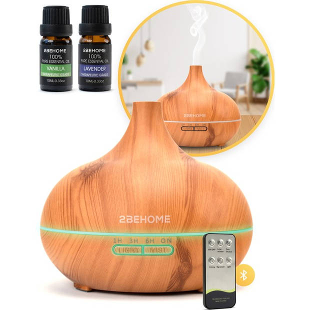 2BEHOME Aroma Diffuser 550ML met Afstandsbediening - Incl. 2 Etherische Oliën - Lichte Houtlook - 7 LED Kleuren