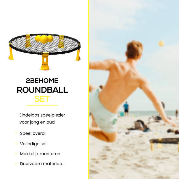 2BEHOME Roundnet set inclusief 3 ballen, ballenpomp en handige meeneemtas - Geschikt voor spikeball / roundball - Geel